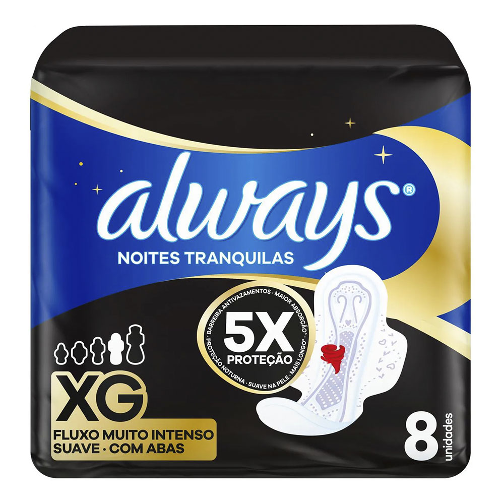 Absorvente Always Noites Tranquilas Cobertura Suave XG com Abas 8 Unidades